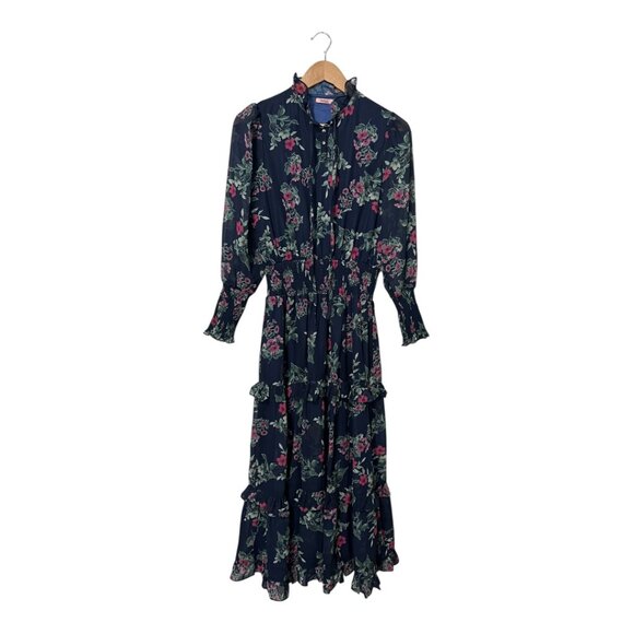Udel Maxi Dress Blue Floral Modest Smocked Waist Women's Medium Chiffon Tiered - Picture 3 of 7